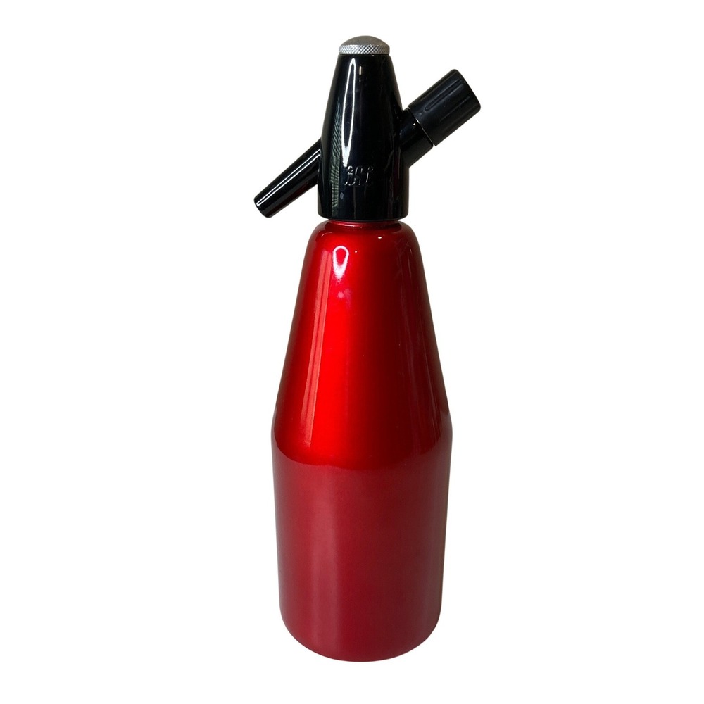 Vintage 1960s Red Enamel Metal Seltzer Bottle Austria MCM Mid Century Modern